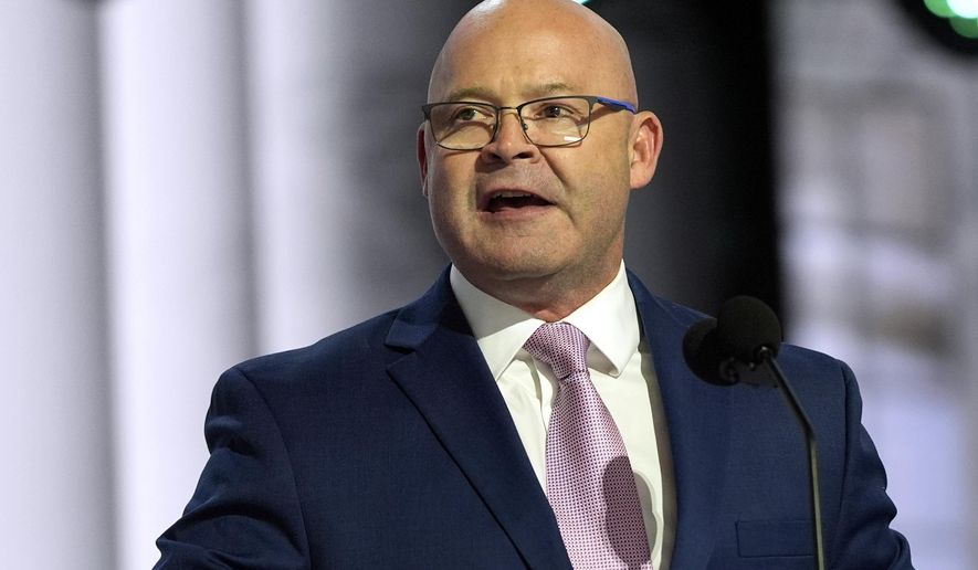 Sean O'Brien, president of the International Brotherhood of Teamsters, speaks during the Republican National Convention, July 15, 2024, in Milwaukee. (AP Photo/Julia Nikhinson, File)
