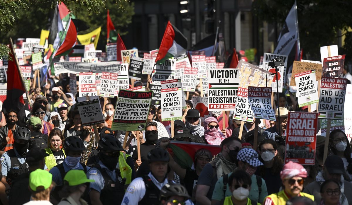 NextImg:Protesters shouting anti-Harris slogans flood Chicago streets around Democrats’ convention