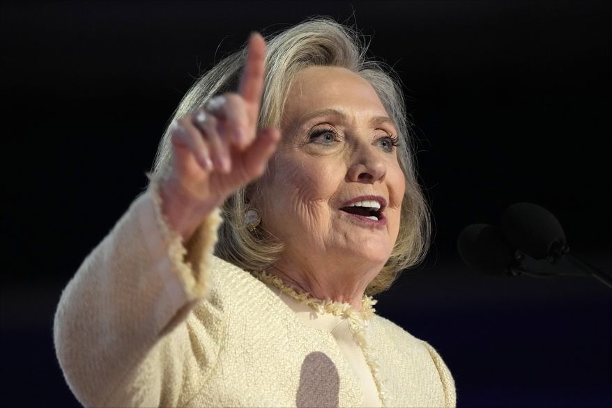 Former Secretary of State Hillary Clinton speaks during the first day of the Democratic National Convention, Monday, Aug. 19, 2024, in Chicago. (AP Photo/Jacquelyn Martin) ** FILE **
