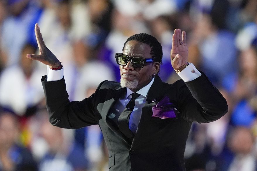 D.L. Hughley speaks during the Democratic National Convention Thursday, Aug. 22, 2024, in Chicago. (AP Photo/Charles Rex Arbogast)
