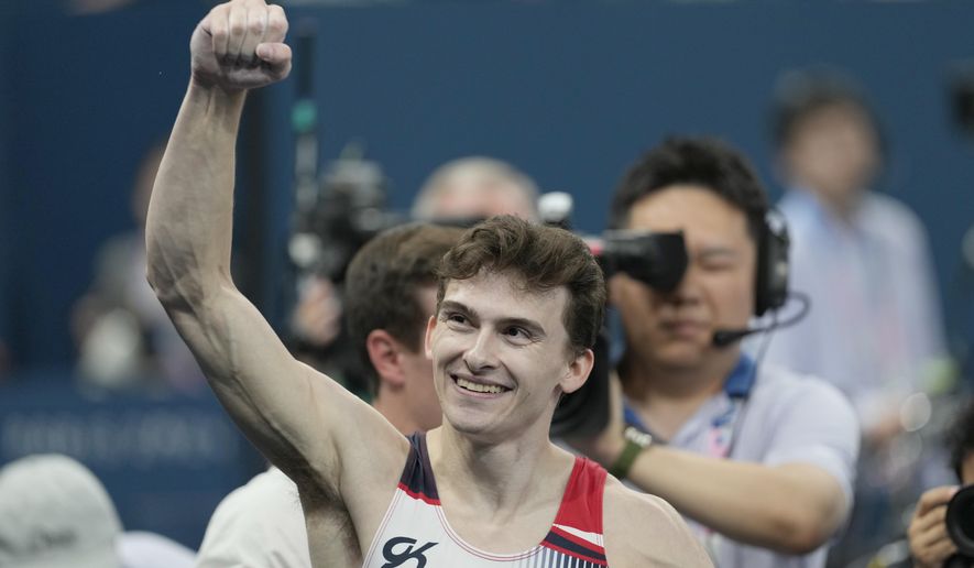 Stephen Nedoroscik, of the United States, celebrates during the men's artistic gymnastics individual pommel finals at Bercy Arena at the 2024 Summer Olympics, Saturday, Aug. 3, 2024, in Paris, France. (AP Photo/Abbie Parr)
