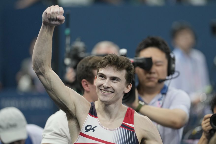 Stephen Nedoroscik, of the United States, celebrates during the men's artistic gymnastics individual pommel finals at Bercy Arena at the 2024 Summer Olympics, Saturday, Aug. 3, 2024, in Paris, France. (AP Photo/Abbie Parr)