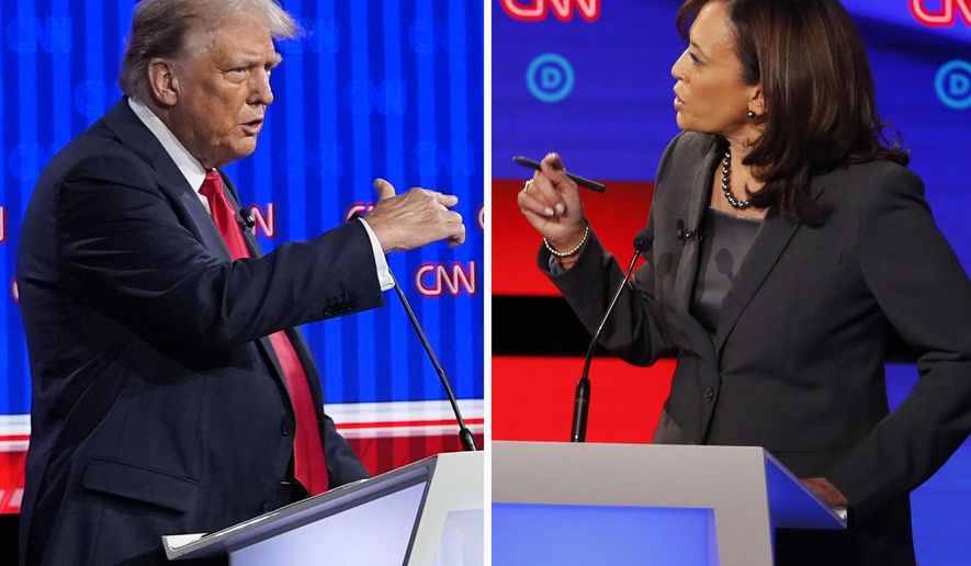 This combination photo shows Republican presidential candidate former President Donald Trump speaking during a presidential debate, June 27, 2024, in Atlanta, left, and Sen. Kamala Harris, D-Calif., speaking during a Democratic presidential primary debates, July 31, 2019, in Detroit. (AP Photo)