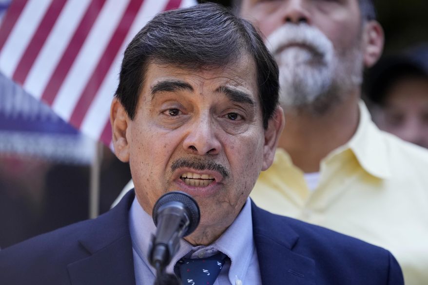 LULAC National President Roman Palomares speaks at a news conference where he and other officials with LULAC held a news conference to respond to allegations by Texas Attorney General Ken Paxton, Monday, Aug. 26, 2024, in San Antonio. (AP Photo/Eric Gay)