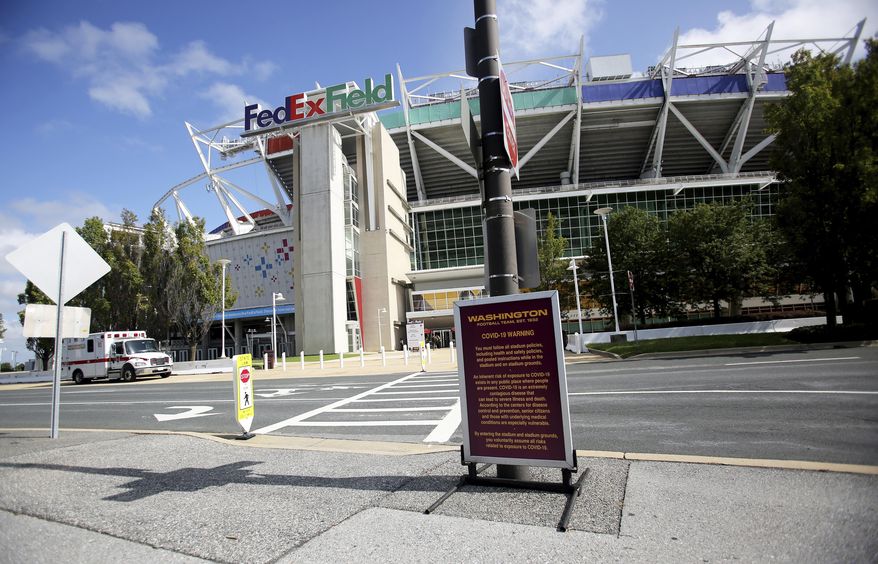 FILE - A view of FedExField before an NFL match between the Philadelphia Eagles and the Washington Football Team on Sept. 13, 2020, in Landover, Md. (AP Photo/Daniel Kucin Jr., File)