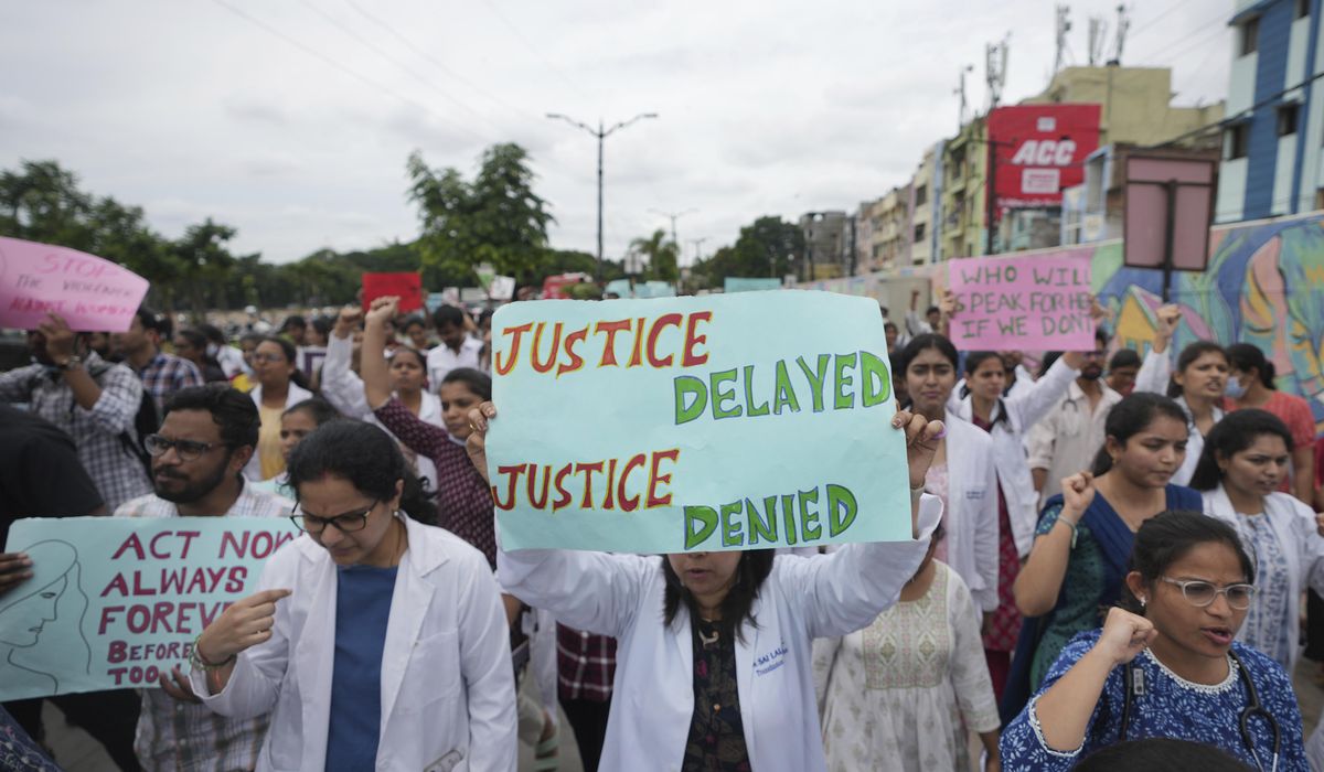 NextImg:Indian police fire teargas and water cannons at rally against rape and killing of trainee doctor
