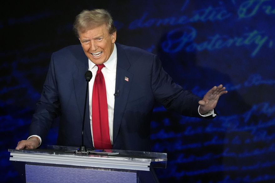 Republican presidential nominee former President Donald Trump speaks during a presidential debate with Democratic presidential nominee Vice President Kamala Harris at the National Constitution Center, Tuesday, Sept.10, 2024, in Philadelphia. (AP Photo/Alex Brandon)