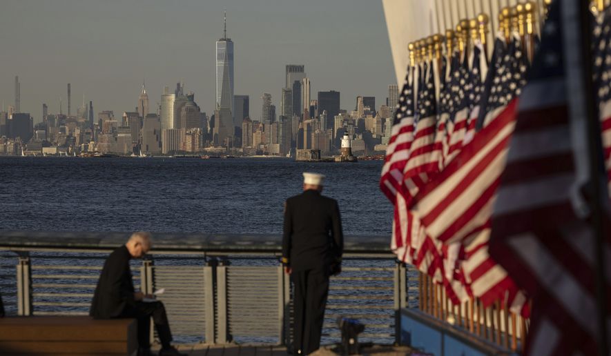 One World Trade Center is seen at The Staten Island September 11th Memorial on the 23rd anniversary of the Sept. 11, 2001 attacks, Wednesday, Sept. 11, 2024, in New York. (AP Photo/Yuki Iwamura)
