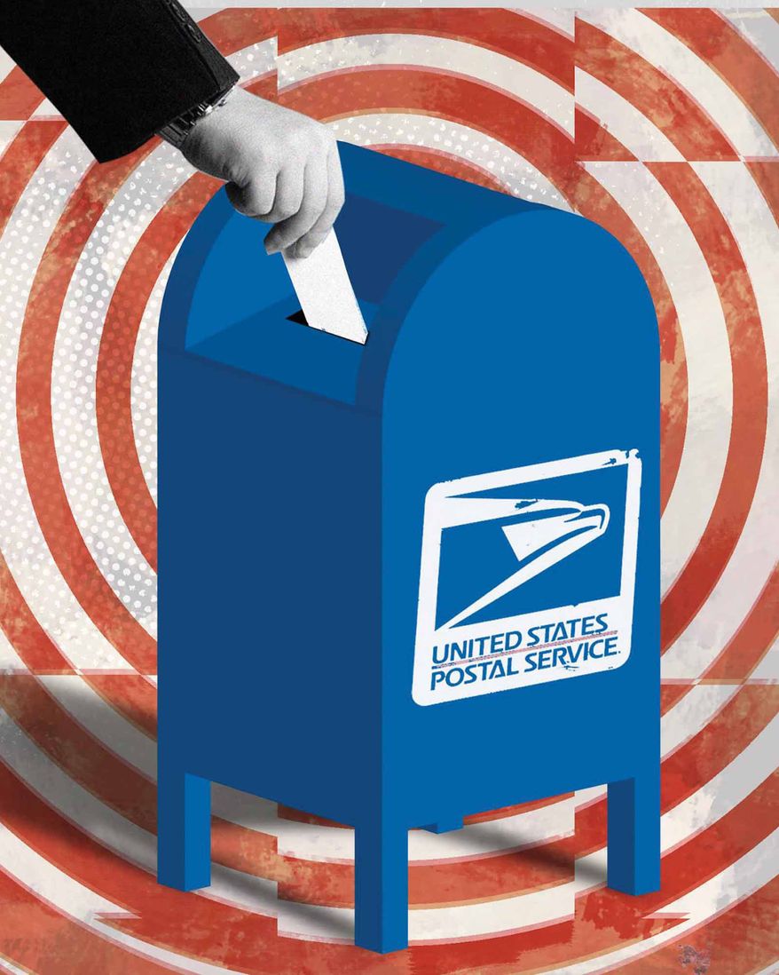 Election ballots and the United States Postal Service’s (USPS) illustration by Linas Garsys / The Washington Times