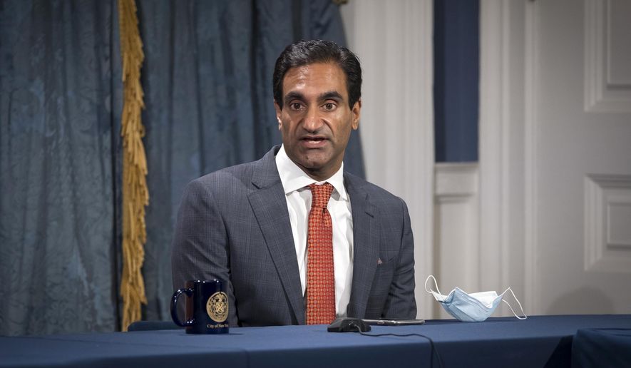 This photo provided by the New York City Mayoral Photography Office shows Jay Varma, a senior advisor to Mayor Bill de Blasio, during a media availability in New York, Oct. 4, 2020. (Ed Reed/Mayoral Photography Office via AP)