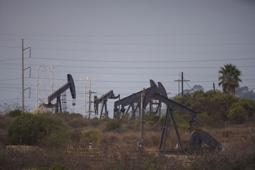Pumpjacks extract oil in the Inglewood Oil Field in Los Angeles., Wednesday, Sept. 25, 2024. (AP Photo/Eric Thayer)