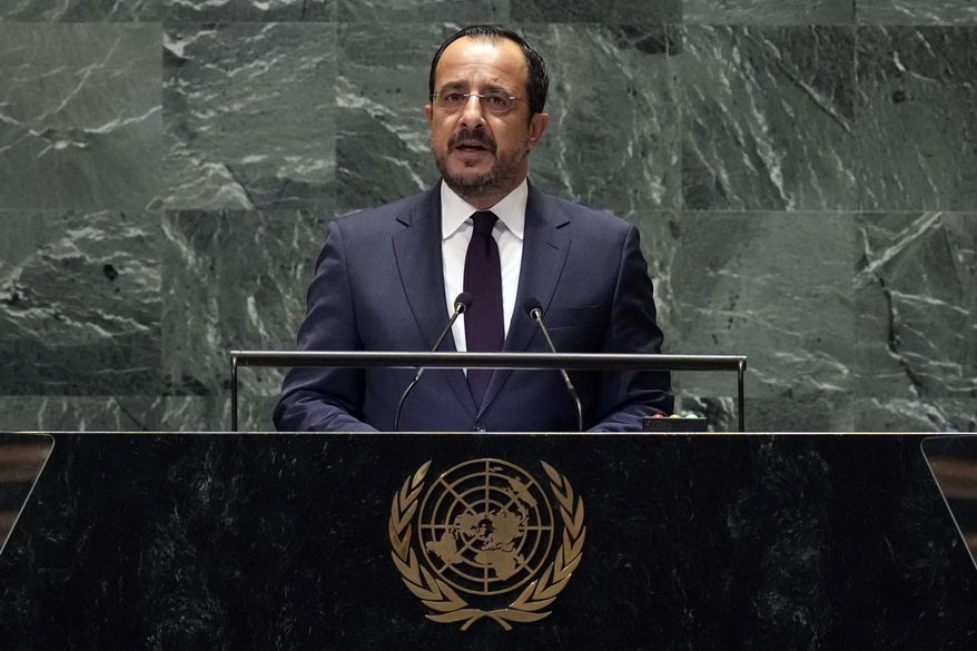 Cyprus President Nikos Christodoulides addresses the 79th session of the United Nations General Assembly, Wednesday, Sept. 25, 2024. (AP Photo/Richard Drew)