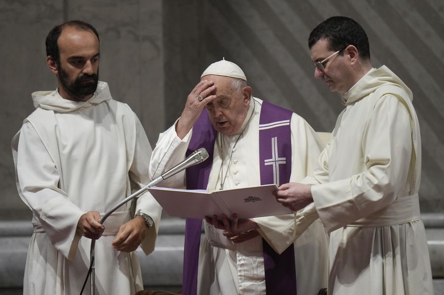 Pope Francis attends a vigil prayer in St. Peter's Basilica ahead of the start of the Synod of Bishops 16th General Assembly, at the Vatican, Tuesday Oct. 1, 2024. (AP Photo/Alessandra Tarantino)