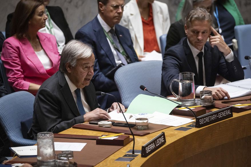 U.N. Secretary-General Antonio Guterres speaks during a Security Council meeting at United Nations headquarters, Friday, Sep. 27, 2024. (AP Photo/Yuki Iwamura)