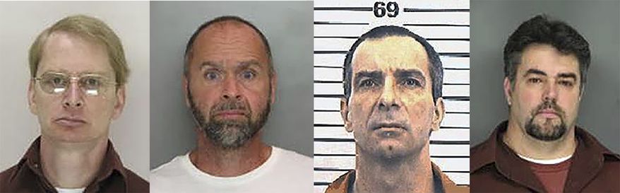 This combination image of police booking photos from the Pennsylvania and Oklahoma departments of corrections shows, from left: David John Cannon, 2008; Ernie Bevilacqua, 2012; Richard A. Bowen, 1994; and Kenneth Leon Knight, 2008. (Pennsylvania and Oklahoma Departments of Corrections via AP)