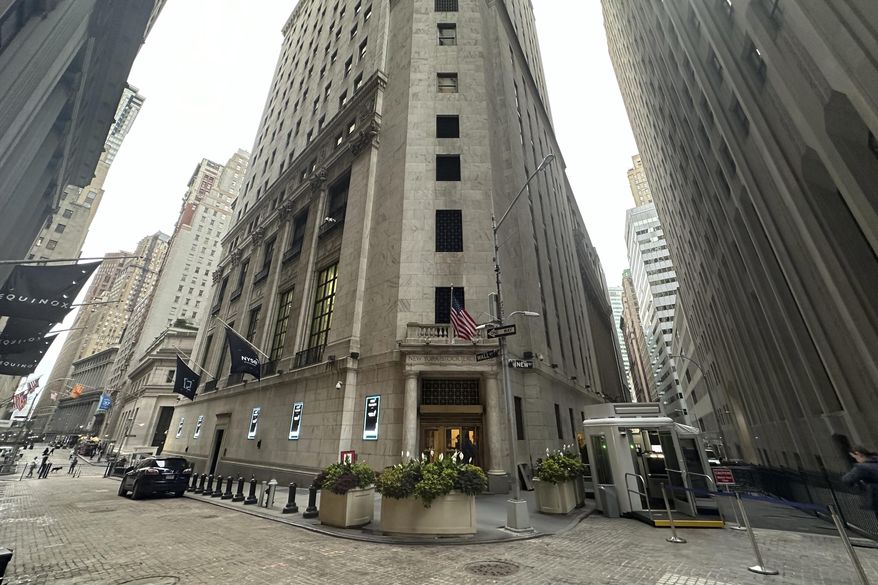 The entrance to the New York Stock Exchange at Wall and New Streets is shown on Oct. 2, 2024, in New York. (AP Photo/Peter Morgan, File)