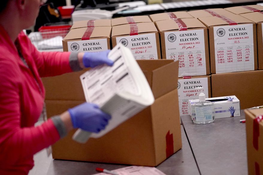 FILE - An election worker boxes tabulated ballots inside the Maricopa County Recorders Office, Wednesday, Nov. 9, 2022, in Phoenix. (AP Photo/Matt York, File)