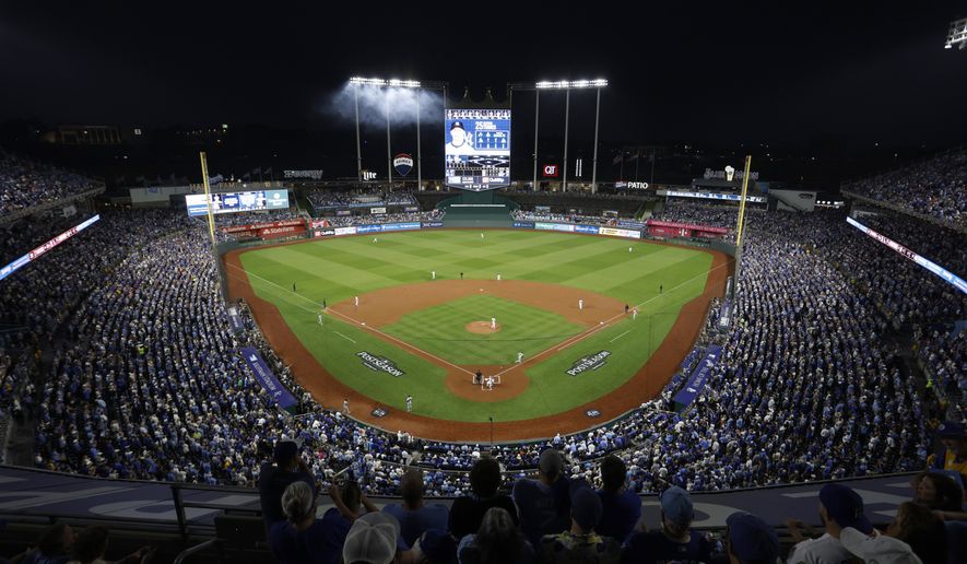 The New York Yankees and Kansas City Royals play in Game 4 of an American League Division baseball playoff series as seen in this general view of Kauffman Stadium Thursday, Oct. 10, 2024, in Kansas City, Mo. (AP Photo/Colin Braley)