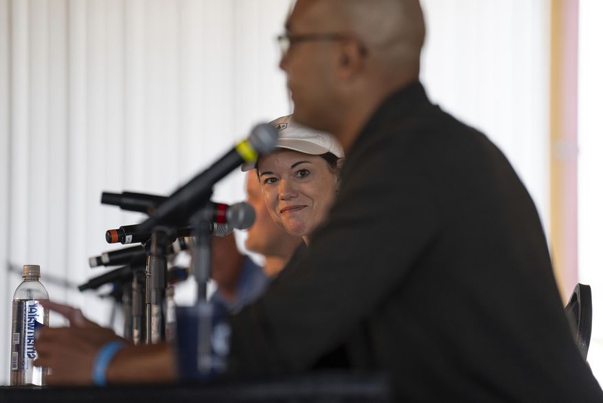 Rep. Angie Craig listens as candidate Joe Teirab speaks during a Congressional candidate forum for Minnesota's first and second districts at Farmfest in Morgan, Minn., Tuesday, Aug. 6, 2024. (Shari L. Gross/Star Tribune via AP, File)