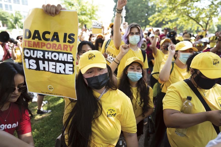 Susana Lujano, left, joins other activists to rally in support of the Deferred Action for Childhood Arrivals program, also known as DACA, at the U.S. Capitol in Washington, June 15, 2022. (AP Photo/J. Scott Applewhite, File)