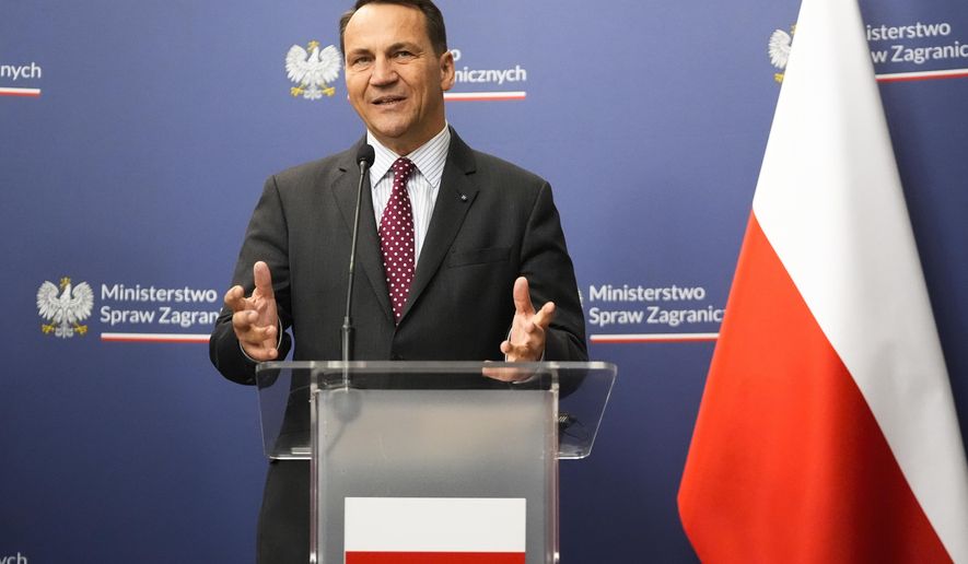 Polish Foreign Minister Radosław Sikorski speaks during a news conference with U.S. Secretary of State, Antony Blinken, in Warsaw, Poland, Thursday, Sept. 12, 2024. (AP Photo/Mark Schiefelbein, Pool)