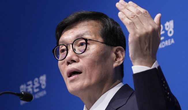 Bank of Korea Gov. Rhee Chang-yong speaks during a press conference at the central bank in Seoul, South Korea, Friday, Oct. 11, 2024. (AP Photo/Ahn Young-joon)