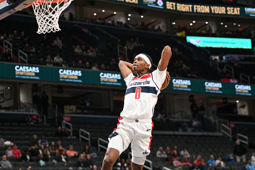 Washington Wizards forward Bilal Coulibaly (0) about to dunk the ball during the fourth quarter of a preseason NBA game against the Toronto Raptors at Capital One Arena in Washington D.C., October 11, 2024. (Photo for Washington Times Sports)