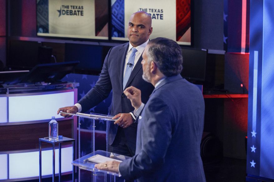 Sen. Ted Cruz, R-Texas, bottom, speaks during a U.S. Senate debate with Rep. Colin Allred, D-Texas, Tuesday, Oct. 15, 2024, in Dallas. (Shelby Tauber/Texas Tribune via AP, Pool)