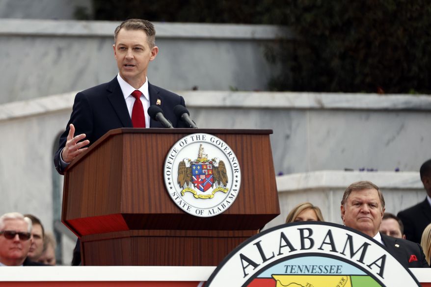 Alabama Secretary of State, Wes Allen speaks during the inauguration ceremony on the steps of the Alabama State Capital Monday, Jan. 16, 2023 in Montgomery, Ala. (AP Photo/Butch Dill, File)