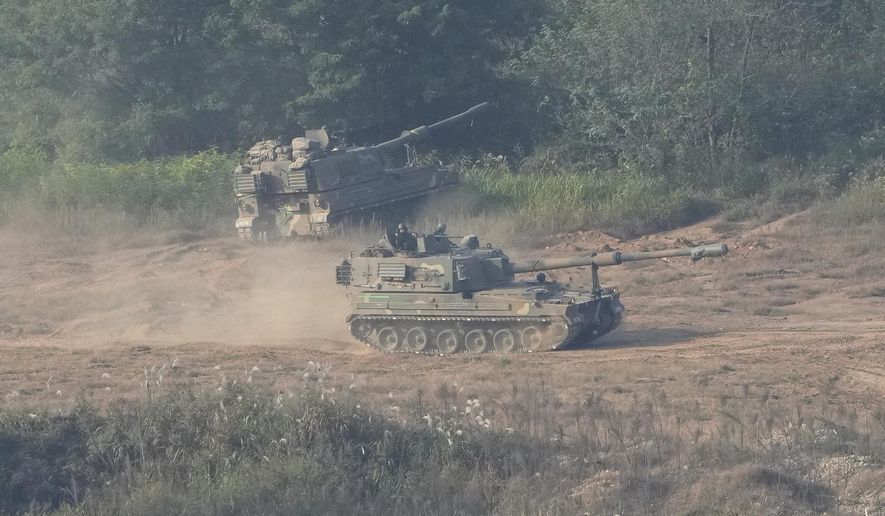 A South Korean army K-9 self-propelled howitzer moves in Paju, South Korea, near the border with North Korea, Thursday, Oct. 17, 2024. (AP Photo/Ahn Young-joon) ** FILE **