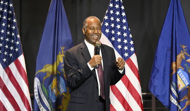 Ben Carson addresses supporters of Republican presidential nominee former President Donald Trump, Saturday, Oct. 5, 2024, in Livonia, Mich. (AP Photo/Jose Juarez) ** FILE **