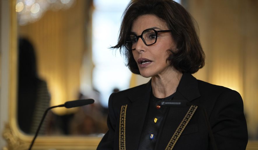 FILE - French Culture Minister Rachida Dati delivers a speech at the Culture ministry in Paris, Sept. 26, 2024. (AP Photo/Louise Delmotte, file)