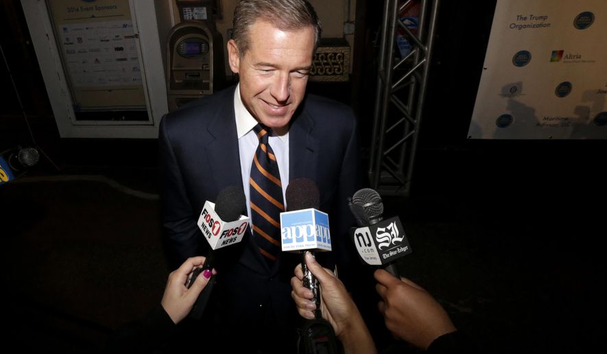 Television journalist Brian Williams arrives at the Asbury Park Convention Hall during red carpet arrivals prior to the New Jersey Hall of Fame inductions, in Asbury Park, N.J., Nov. 13, 2014. (AP Photo/Julio Cortez, File)