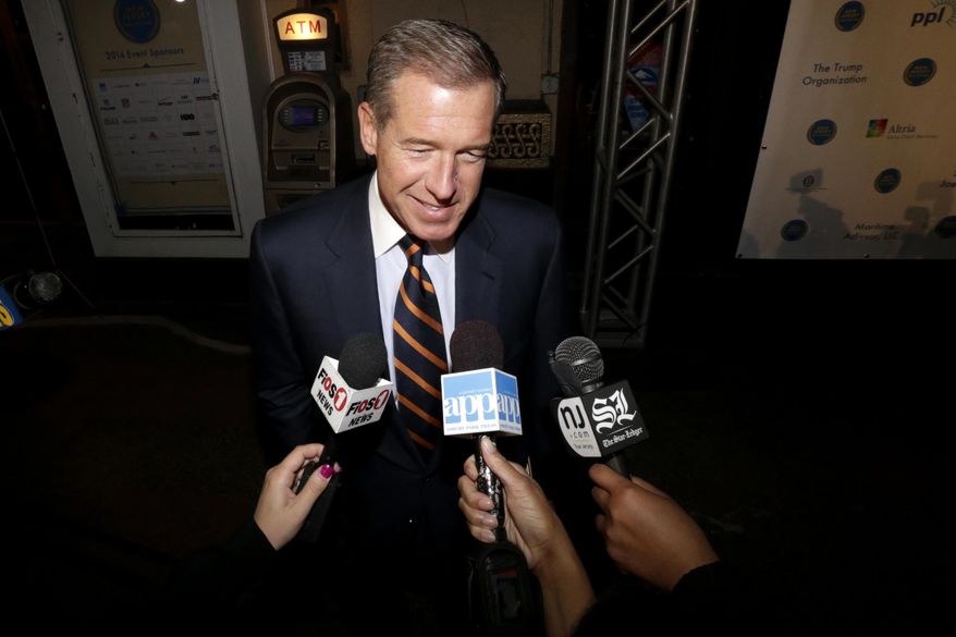 Television journalist Brian Williams arrives at the Asbury Park Convention Hall during red carpet arrivals prior to the New Jersey Hall of Fame inductions, in Asbury Park, N.J., Nov. 13, 2014. (AP Photo/Julio Cortez, File)