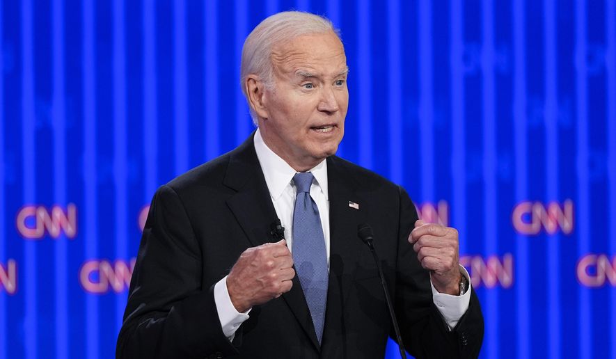 President Joe Biden speaks during a presidential debate with Republican presidential candidate former President Donald Trump, June 27, 2024, in Atlanta. (AP Photo/Gerald Herbert)