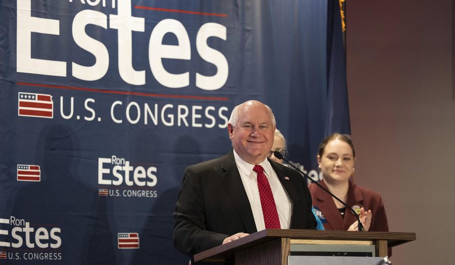 Republican Rep. Ron Estes addresses the crowd gathered at the Cozine Life Events Center in Wichita, Kan., Tuesday, Nov. 5, 2024. (Jaime Green/The Wichita Eagle via AP)