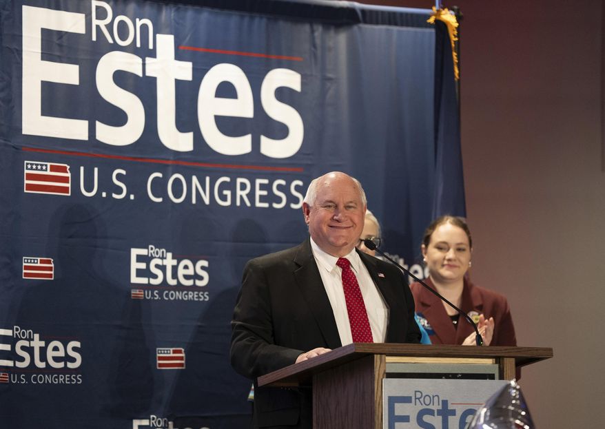 Republican Rep. Ron Estes addresses the crowd gathered at the Cozine Life Events Center in Wichita, Kan., Tuesday, Nov. 5, 2024. (Jaime Green/The Wichita Eagle via AP)