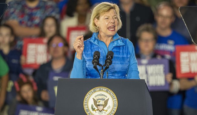 Sen. Tammy Baldwin, D-Wis., speaks at a campaign event for Democratic presidential nominee Vice President Kamala Harris, Friday, Nov. 1, 2024, in Little Chute, Wis. (AP Photo/Andy Manis)