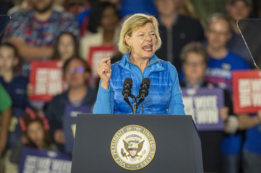 Sen. Tammy Baldwin, D-Wis., speaks at a campaign event for Democratic presidential nominee Vice President Kamala Harris, Friday, Nov. 1, 2024, in Little Chute, Wis. (AP Photo/Andy Manis)