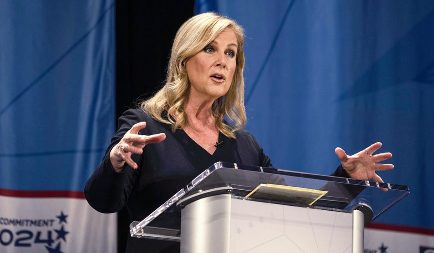 Janelle Stelson, a candidate for the Democratic nomination in Pennsylvania's 10th Congressional District, speaks during a debate, April 9, 2024, in York, Pa. (AP Photo/Joe Lamberti, File)