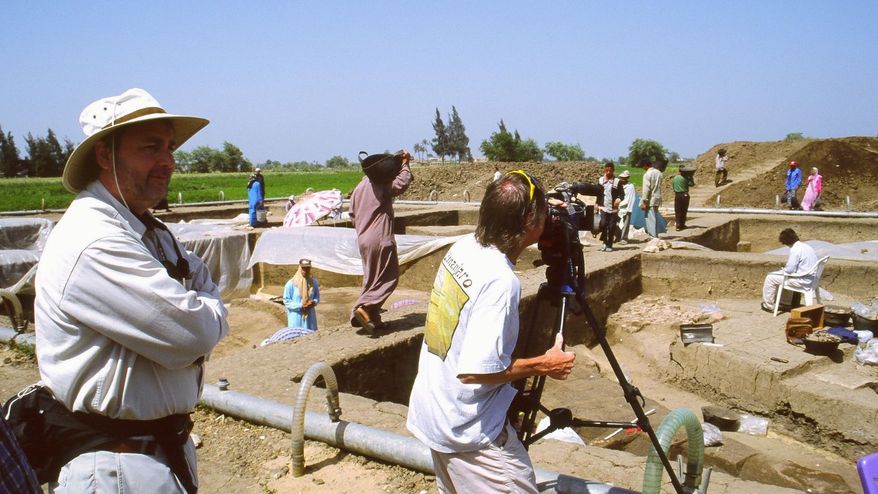 Filmmaker Timothy Mahoney (left) at Avaris dig site in Egypt searching for the Israelites' Exodus. (© 2002 Patterns of Evidence LLC)