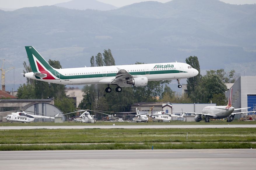 In this photo taken on Sunday, May 5, 2019, an Alitalia plane takes off from Sofia airport, Bulgaria. (AP Photo/Darko Vojinovic, File)