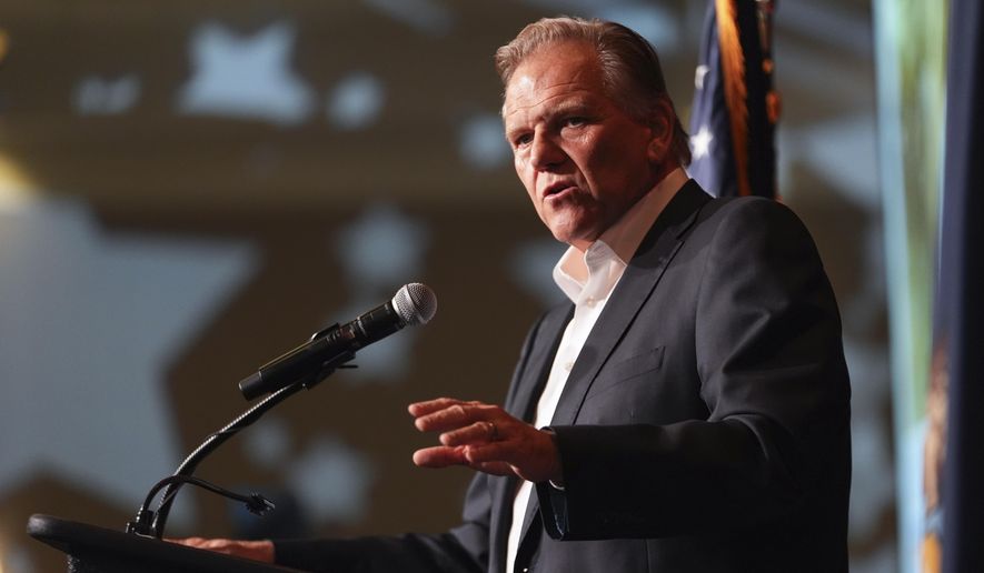 Republican Michigan Senate candidate Mike Rogers speaks during an election night watch party, Tuesday, Nov. 5, 2024, at Suburban Showplace Collection in Novi, Mich. (AP Photo/Paul Sancya)