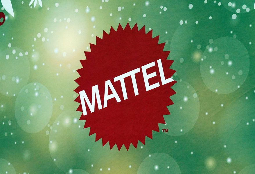 The Mattel logo is displayed at the TTPM 2024 Holiday Showcase event, in New York, Sept. 17, 2024. (AP Photo/Richard Drew, File)