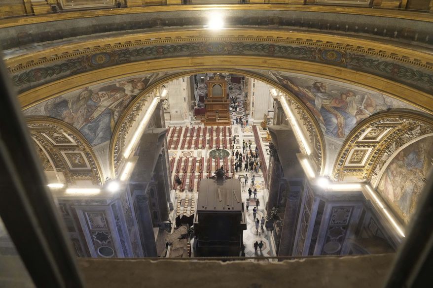 A view of St. Peter's basilica during the preview to the press of the exhibition 'Petros eni', which is part of the project "St. Peter's Basilica: AI-Enhanced Experience" at the Vatican, Saturday, Nov. 9, 2024. (AP Photo/Gregorio Borgia)