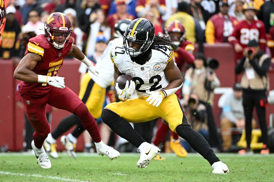 Pittsburgh Steelers running back Najee Harris (22) running with the ball during the second half of an NFL game against the Washington Commanders at Northwest Stadium in Landover, MD, November 10, 2024. (Photo for the Washington Times)