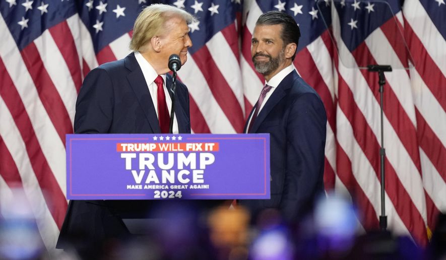 Then-Republican presidential nominee and former President Donald Trump, left, looks at his son Donald Trump Jr. at an election night watch party, Wednesday, Nov. 6, 2024, in West Palm Beach, Fla. (AP Photo/Alex Brandon) **FILE**