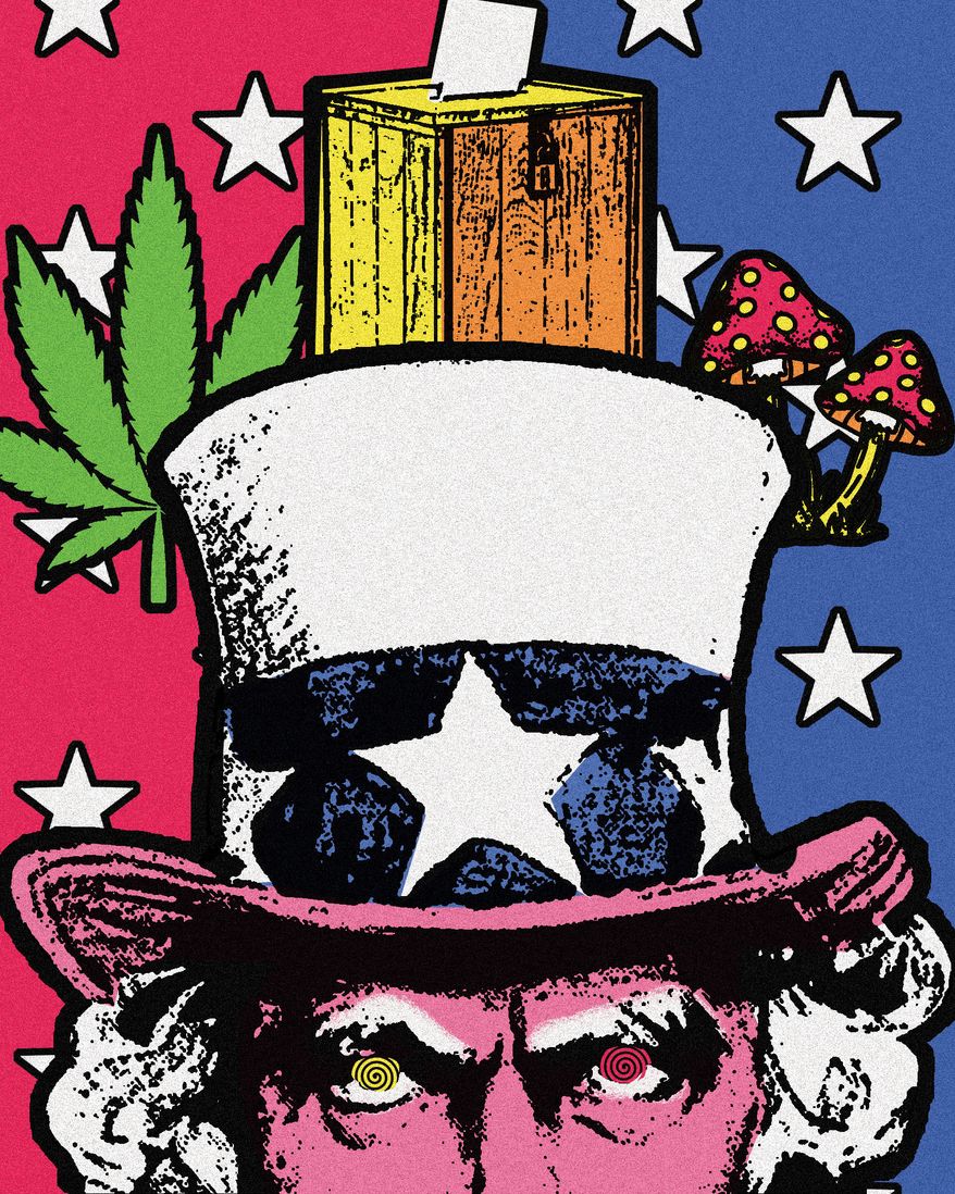 Voting in elections for marijuana and psychedelic drug legalization illustration by Linas Garsys / The Washington Times