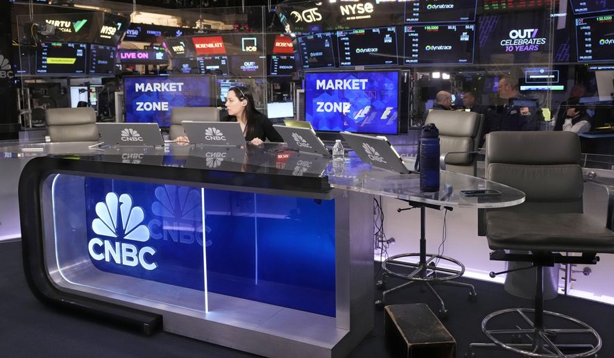 The logo for CNBC appears on the CNBC studio on the floor of the New York Stock Exchange, Wednesday, Nov. 20, 2024. (AP Photo/Richard Drew)