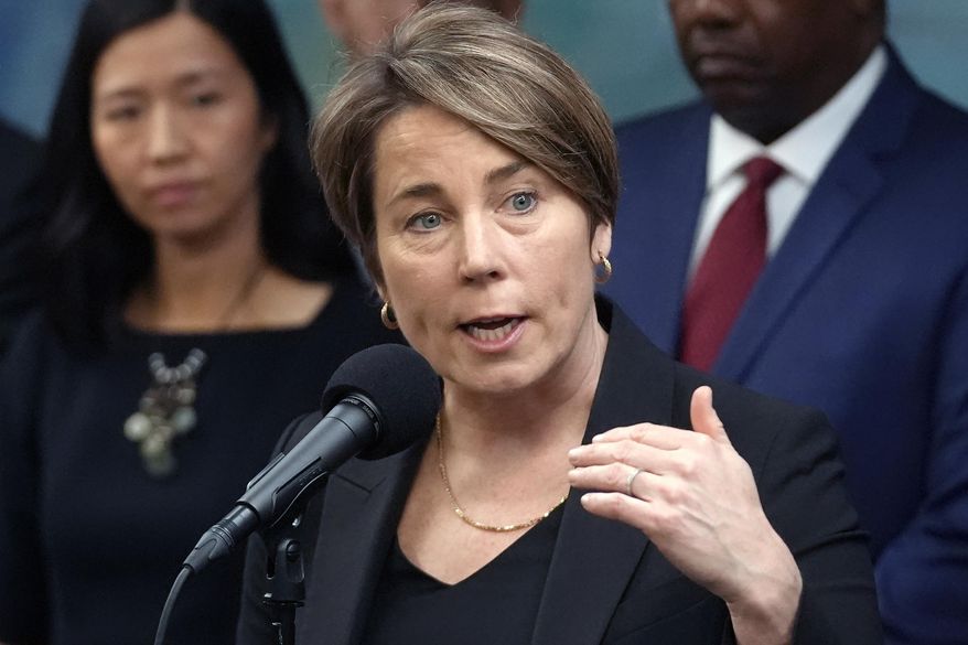 Massachusetts Gov. Maura Healey takes questions from reporters, Jan. 31, 2024, in Boston. (AP Photo/Steven Senne, File)